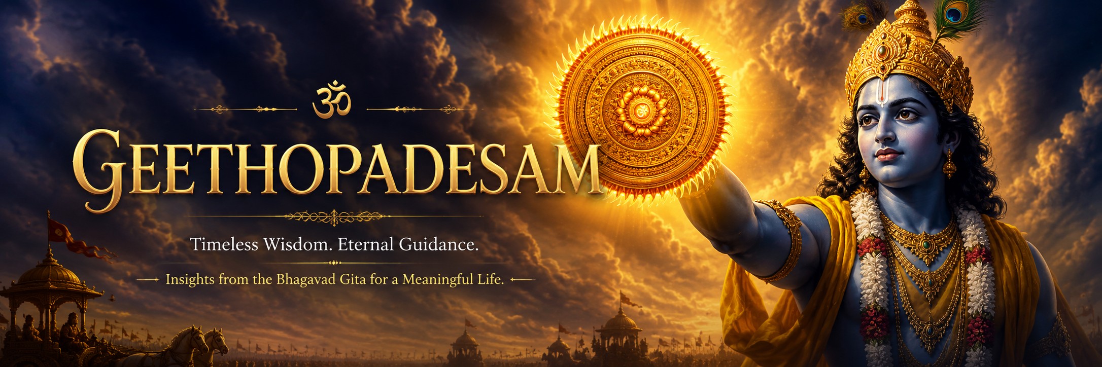 Lord Krishna, crowned and holding the blazing Sudarshana chakra above the field of Kurukshetra — Geethopadesam: timeless wisdom, eternal guidance.